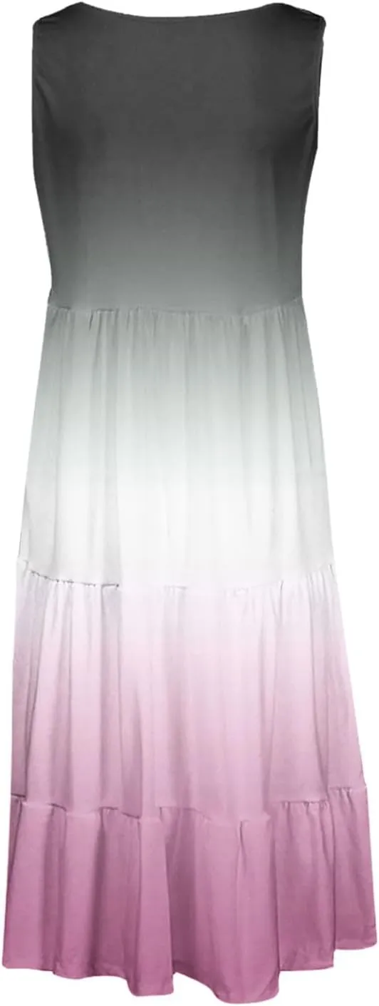 Summer Fashion Dress for Women Comfy Gradient Color Elegant Skirts Pleated Sleeveless Round Neck Dresses Daily