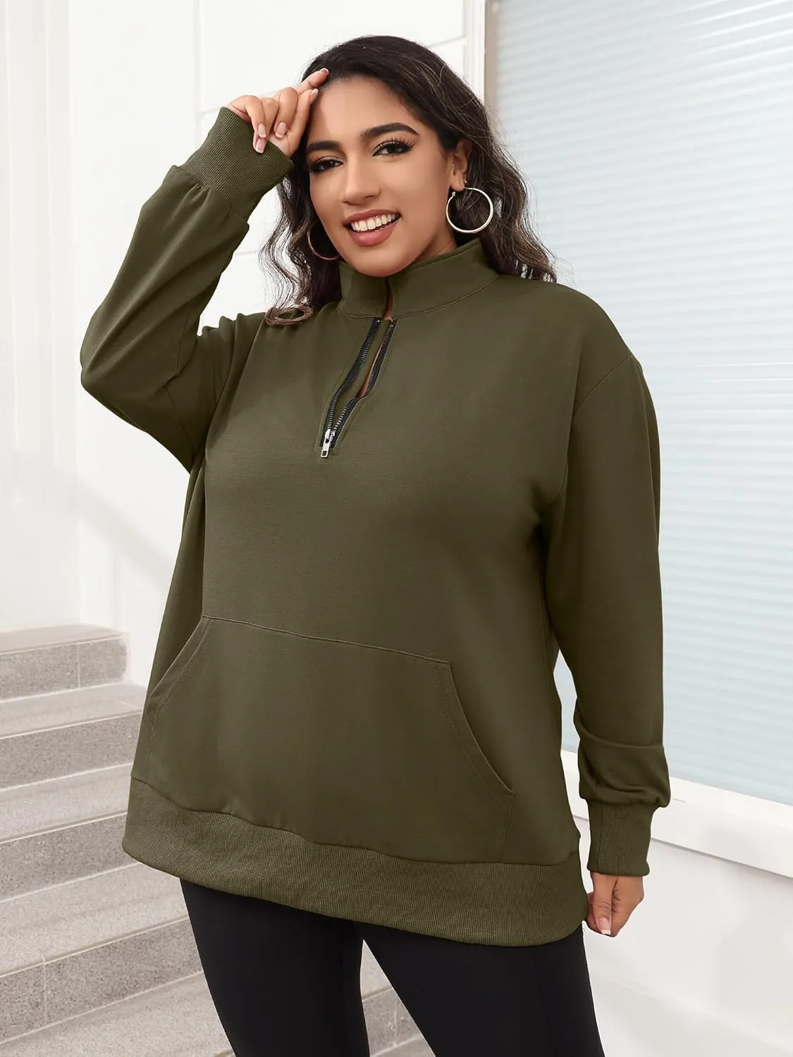 TAKEYAL Plus Size Sweatshirts for Women Pockets Half Zip Pullover Long Sleeve Oversized Drop Shoulder Y2K Clothes