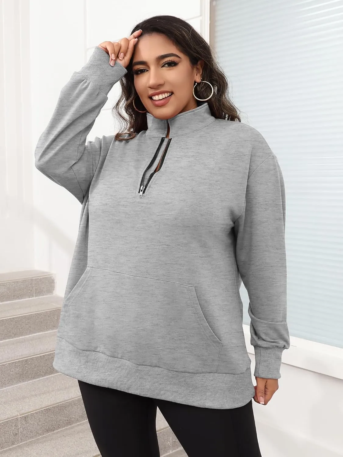 TAKEYAL Plus Size Sweatshirts for Women Pockets Half Zip Pullover Long Sleeve Oversized Drop Shoulder Y2K Clothes