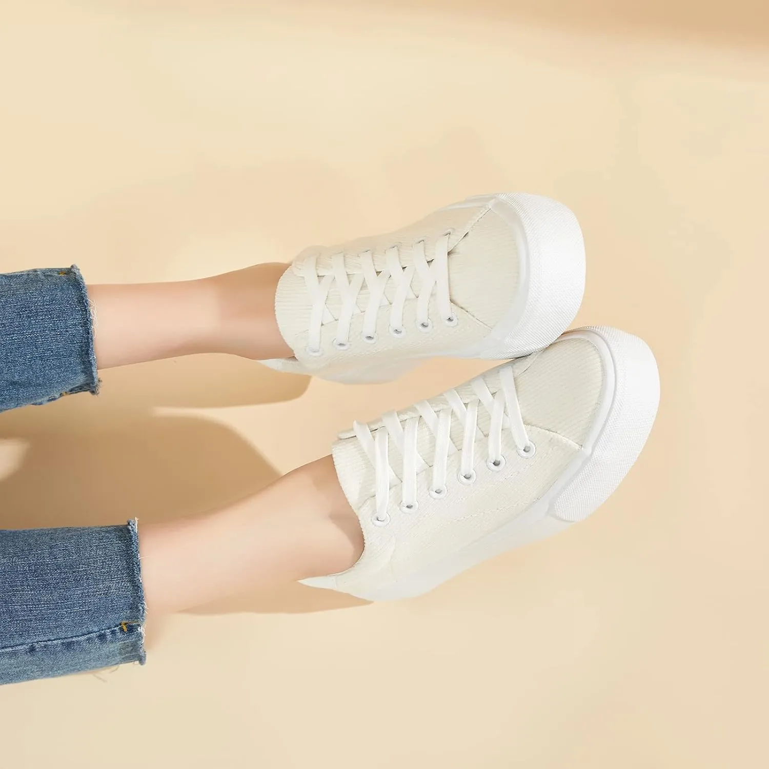 THATXUAOV Womens Platform Sneakers White Tennis Shoes Casual Low Top Fashion Sneakers