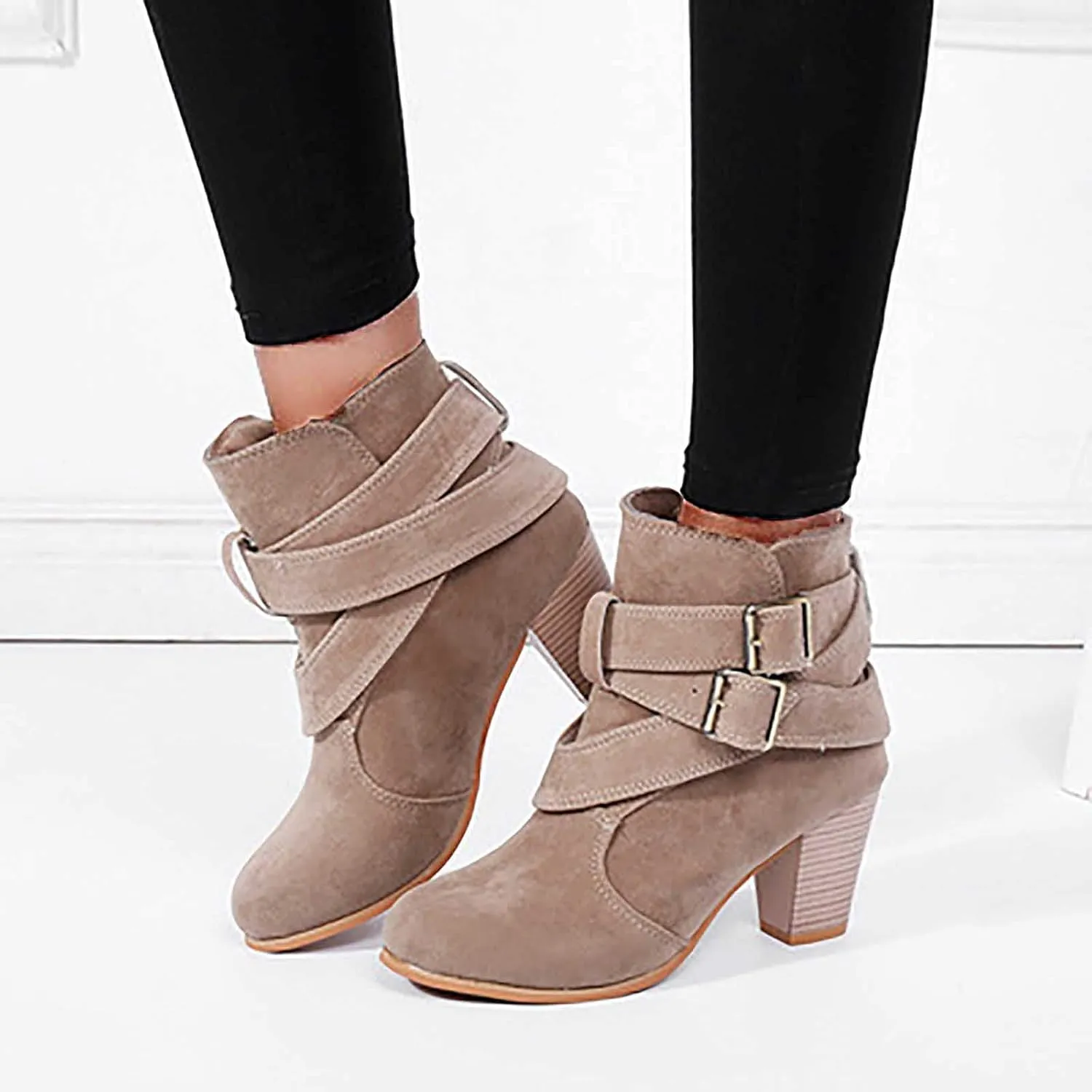 Thick Heel Boots for Women Fashion Criss Strap Double Buckle Pointed Toe High Heels Ankle Booties Winter Comfortable Casual Square Heel Shoes