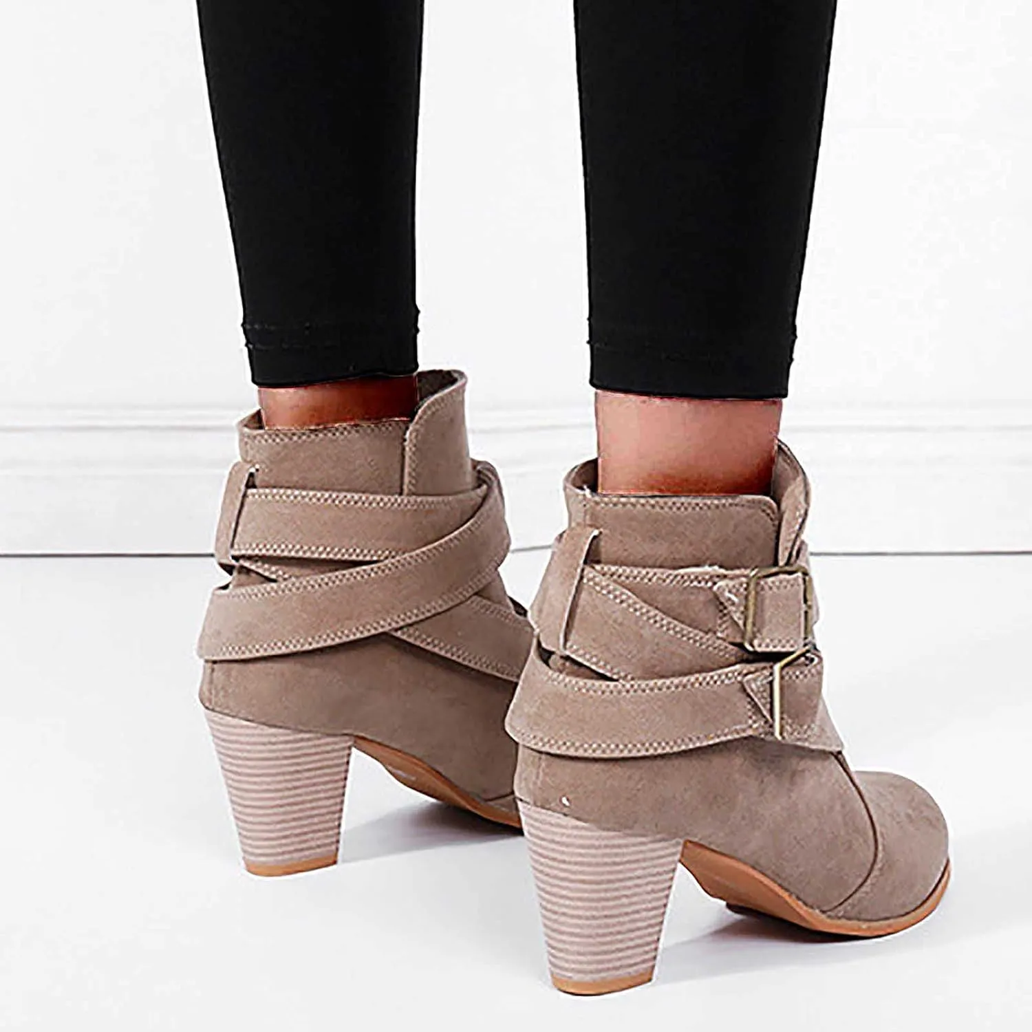 Thick Heel Boots for Women Fashion Criss Strap Double Buckle Pointed Toe High Heels Ankle Booties Winter Comfortable Casual Square Heel Shoes