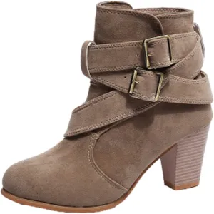 Thick Heel Boots for Women Fashion Criss Strap Double Buckle Pointed Toe High Heels Ankle Booties Winter Comfortable Casual Square Heel Shoes