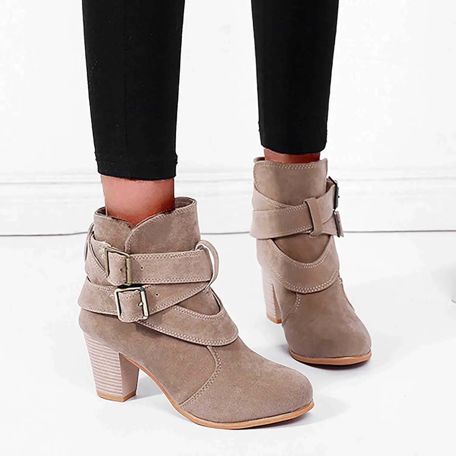 Thick Heel Boots for Women Fashion Criss Strap Double Buckle Pointed Toe High Heels Ankle Booties Winter Comfortable Casual Square Heel Shoes