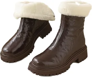 Thick Soled Snow Boots, Round Toe Back Zipper Short Boots Leather Raw Edge Rubber Sole Straight Boots Waterproof and Non-Slip Women's Mid Calf Boots