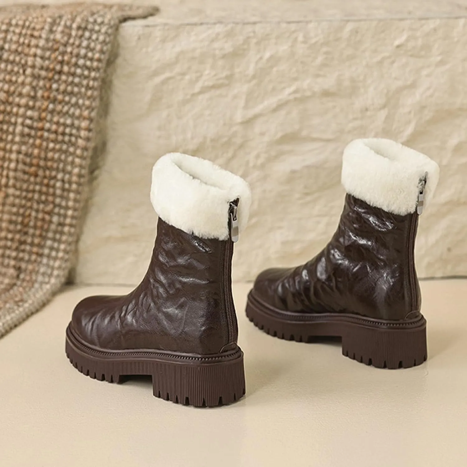 Thick Soled Snow Boots, Round Toe Back Zipper Short Boots Leather Raw Edge Rubber Sole Straight Boots Waterproof and Non-Slip Women's Mid Calf Boots