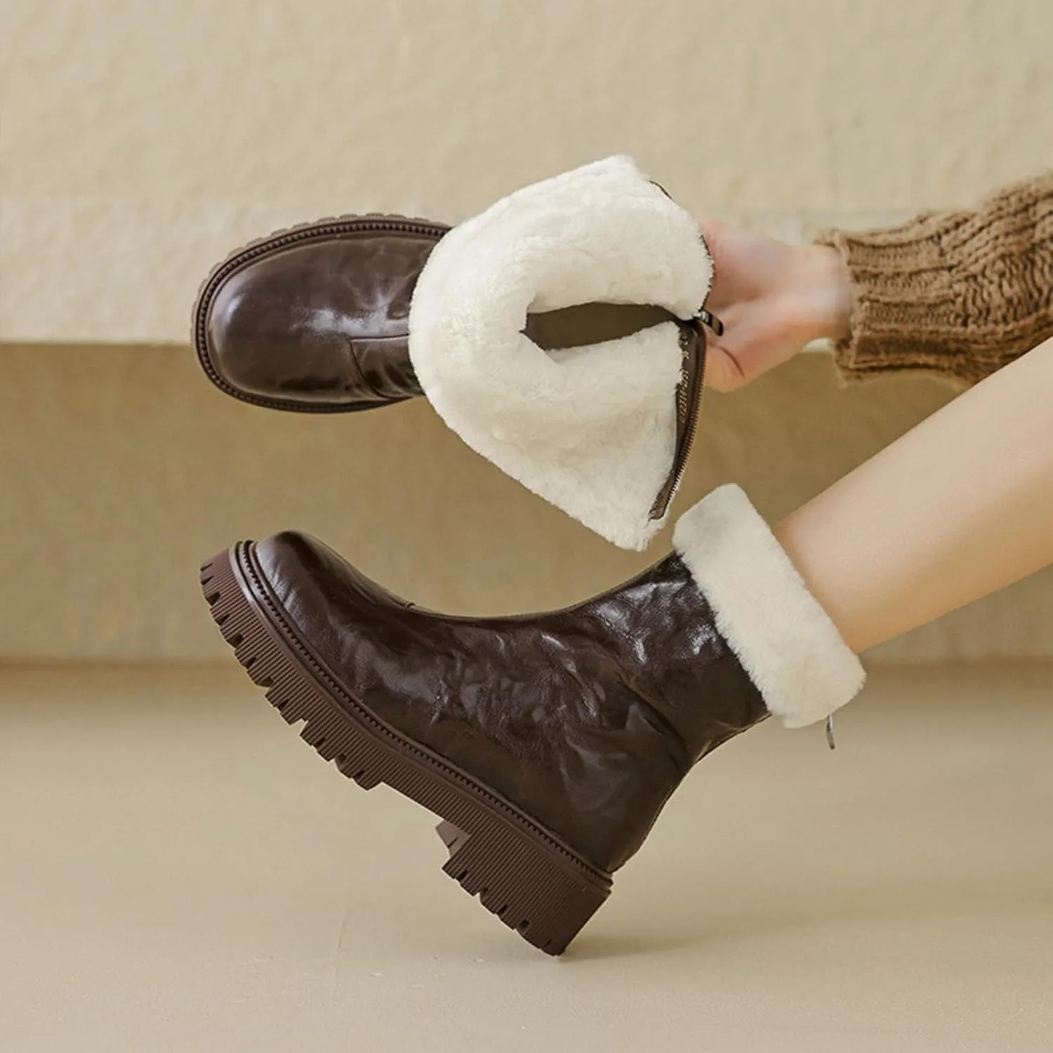 Thick Soled Snow Boots, Round Toe Back Zipper Short Boots Leather Raw Edge Rubber Sole Straight Boots Waterproof and Non-Slip Women's Mid Calf Boots