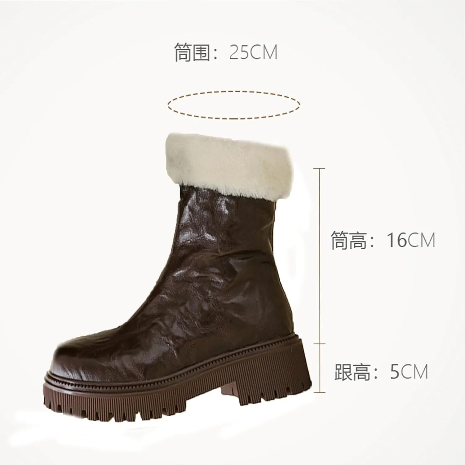 Thick Soled Snow Boots, Round Toe Back Zipper Short Boots Leather Raw Edge Rubber Sole Straight Boots Waterproof and Non-Slip Women's Mid Calf Boots