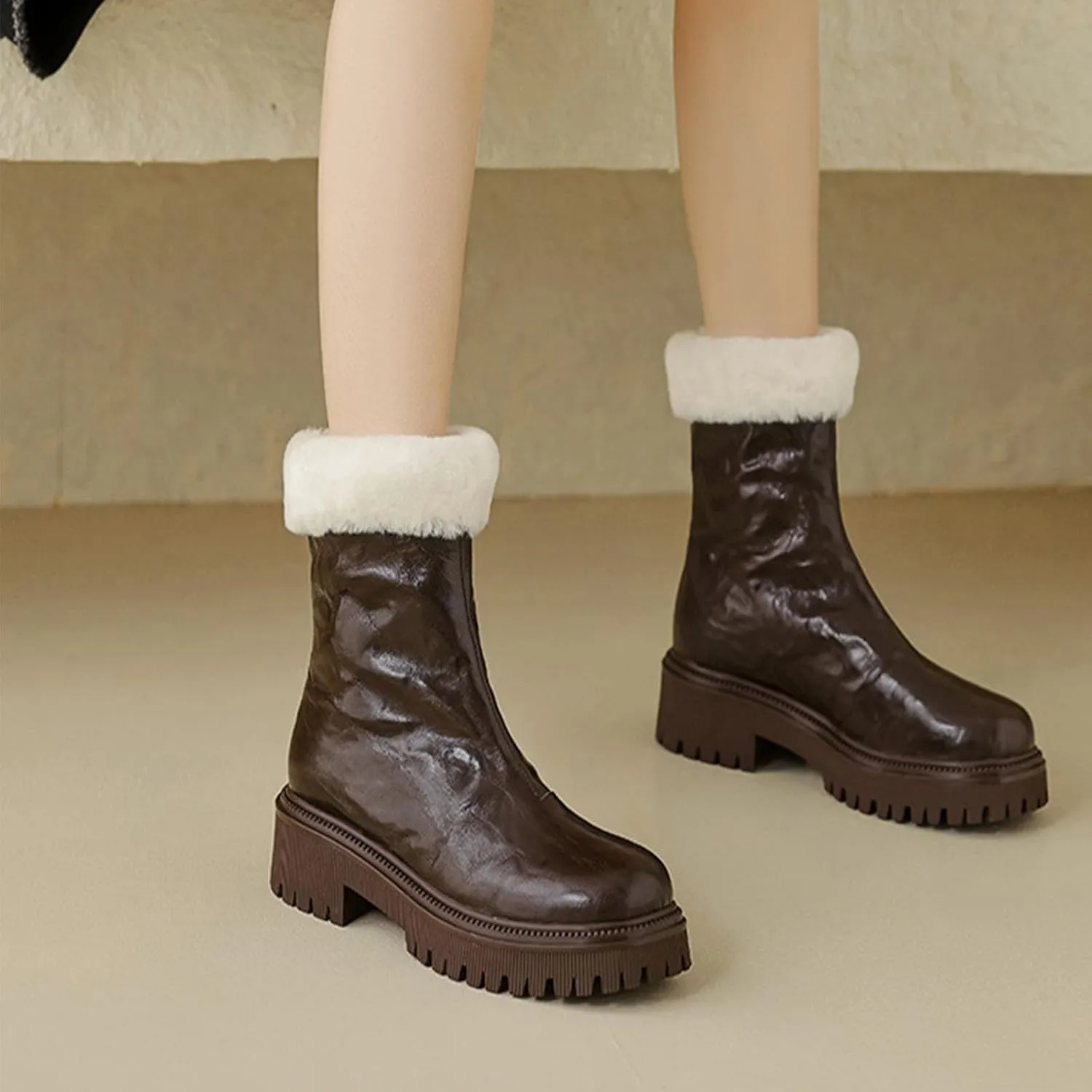 Thick Soled Snow Boots, Round Toe Back Zipper Short Boots Leather Raw Edge Rubber Sole Straight Boots Waterproof and Non-Slip Women's Mid Calf Boots