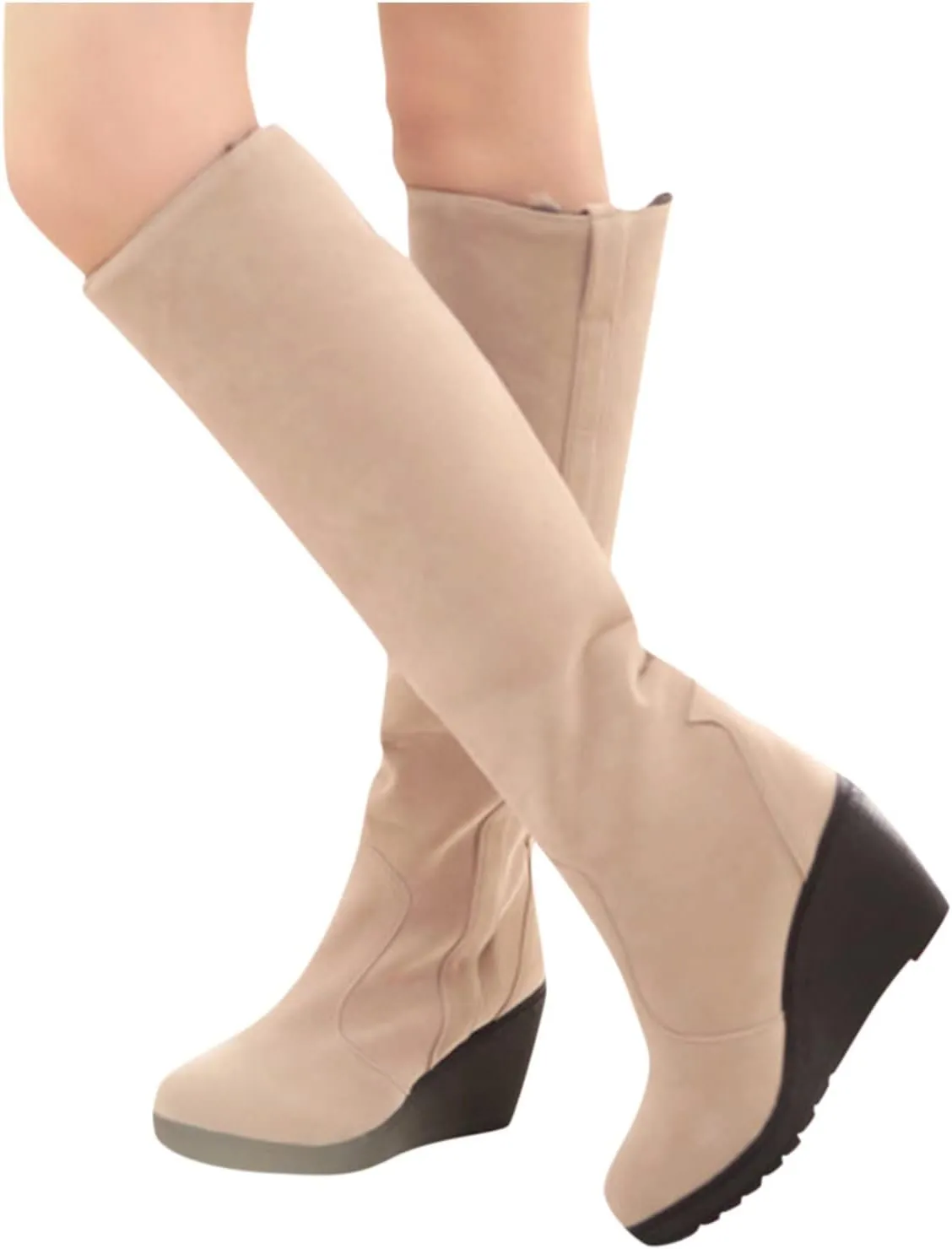 Thigh High Over The Knee Boots for Women Flat Low Heel Fall Winter Stretch Suede Long Round Toe Boots