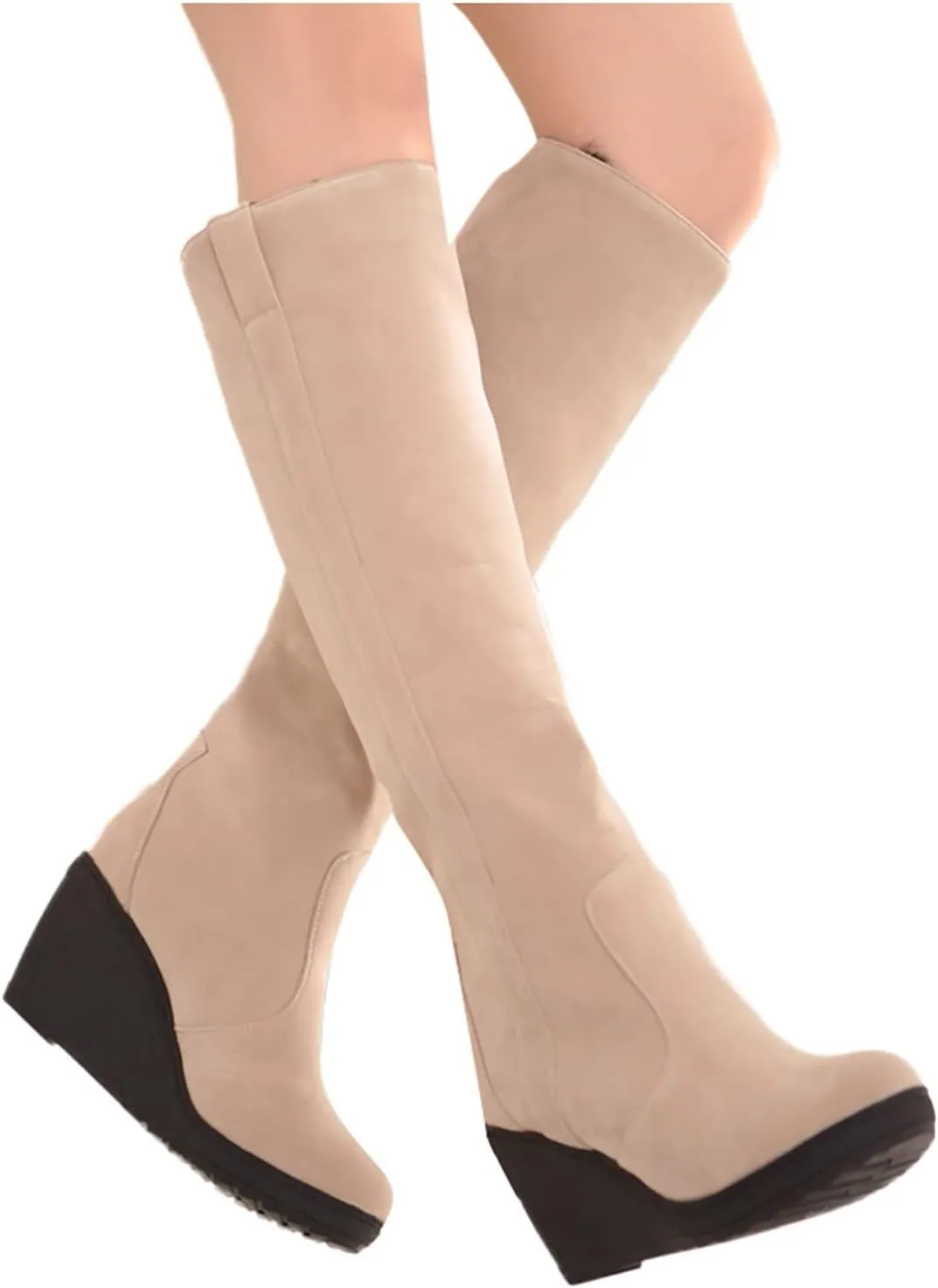 Thigh High Over The Knee Boots for Women Flat Low Heel Fall Winter Stretch Suede Long Round Toe Boots