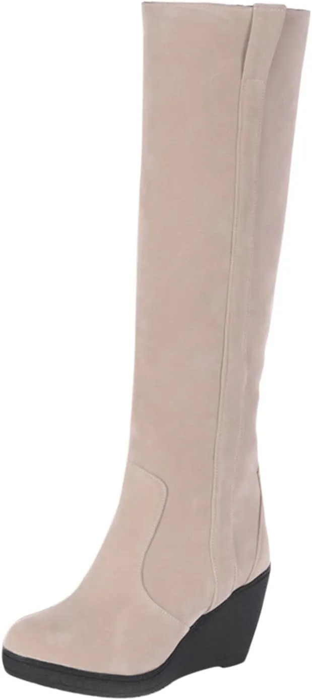 Thigh High Over The Knee Boots for Women Flat Low Heel Fall Winter Stretch Suede Long Round Toe Boots