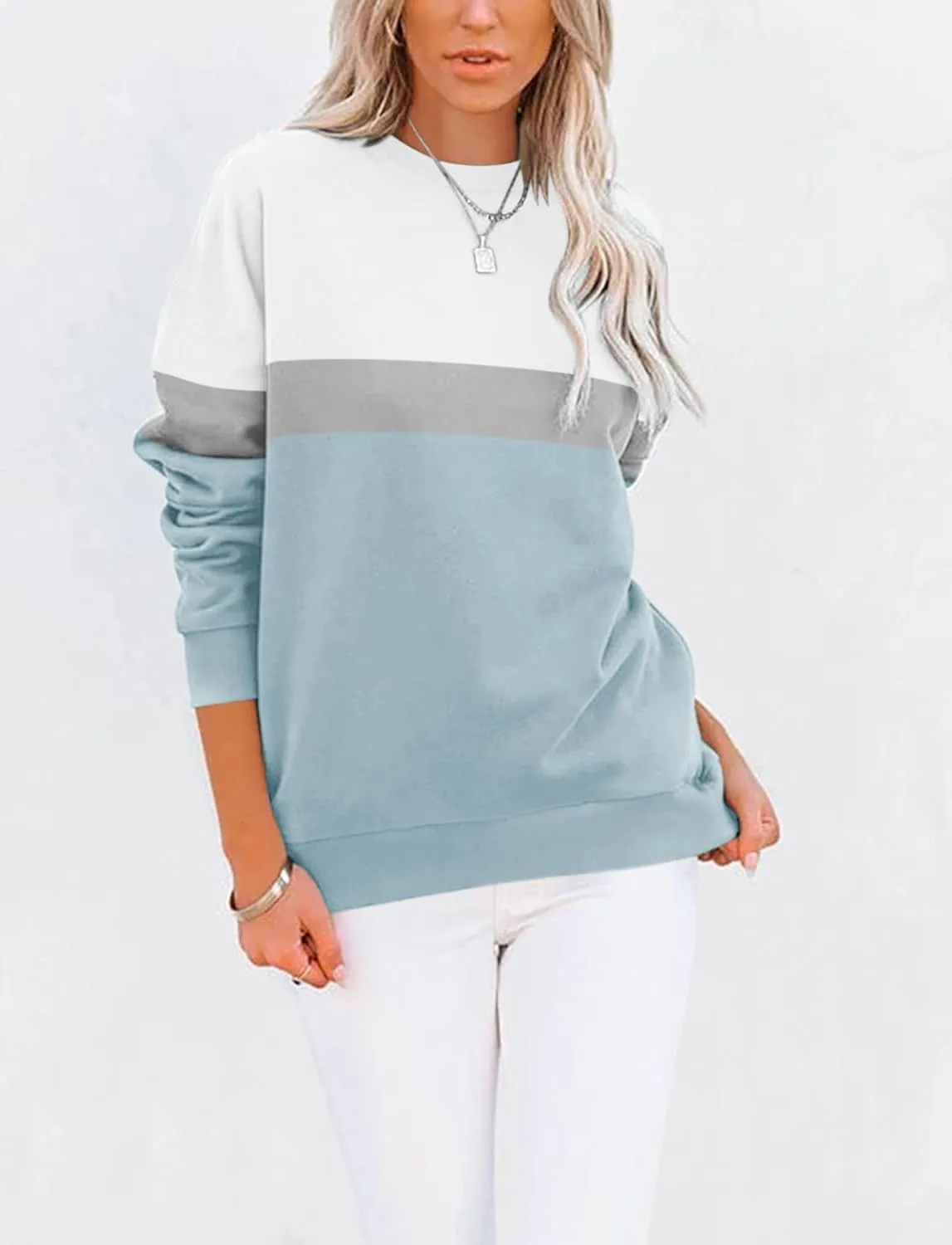 TICTICMIMI Women's Casual Long Sleeve Color Block/Solid Tops Crewneck Sweatshirts Cute Loose Fit Pullover with Pockets