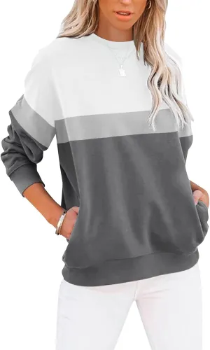 TICTICMIMI Women's Casual Long Sleeve Color Block/Solid Tops Crewneck Sweatshirts Cute Loose Fit Pullover with Pockets
