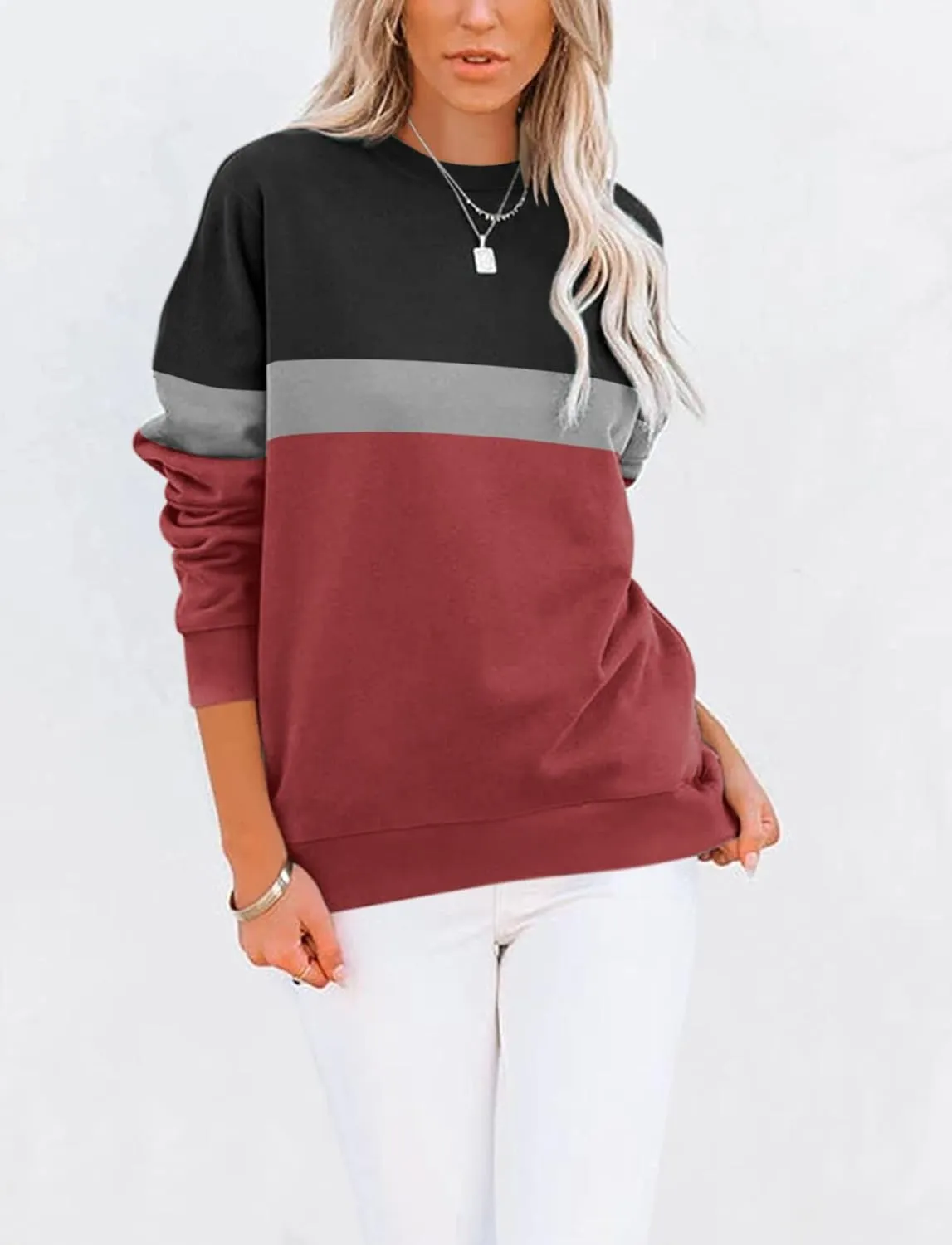 TICTICMIMI Women's Casual Long Sleeve Color Block/Solid Tops Crewneck Sweatshirts Cute Loose Fit Pullover with Pockets