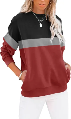 TICTICMIMI Women's Casual Long Sleeve Color Block/Solid Tops Crewneck Sweatshirts Cute Loose Fit Pullover with Pockets