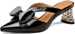 TinaCus Patent Leather Women's Pointed Toe Slippers Handmade Bowknot Slip On Crystal Heeled Mules