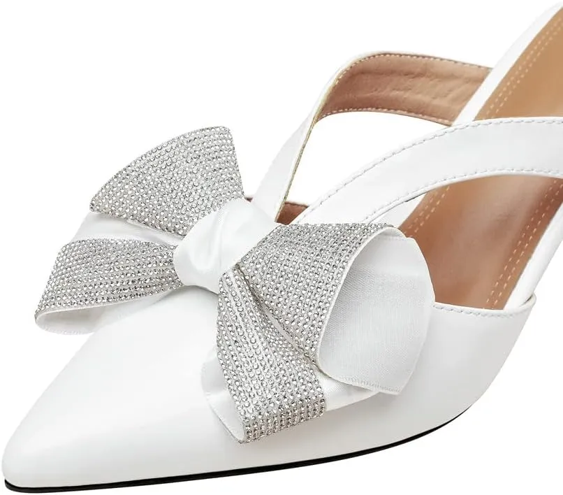 TinaCus Patent Leather Women's Pointed Toe Slippers Handmade Bowknot Slip On Crystal Heeled Mules