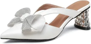 TinaCus Patent Leather Women's Pointed Toe Slippers Handmade Bowknot Slip On Crystal Heeled Mules