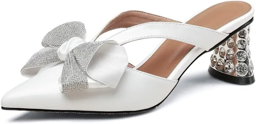 TinaCus Patent Leather Women's Pointed Toe Slippers Handmade Bowknot Slip On Crystal Heeled Mules