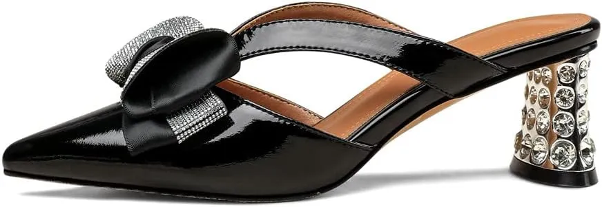 TinaCus Patent Leather Women's Pointed Toe Slippers Handmade Bowknot Slip On Crystal Heeled Mules
