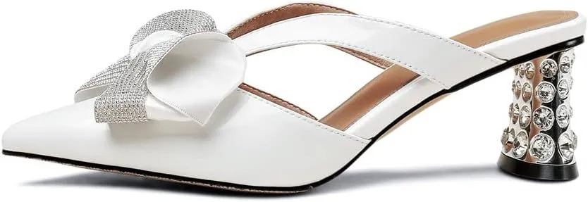 TinaCus Patent Leather Women's Pointed Toe Slippers Handmade Bowknot Slip On Crystal Heeled Mules