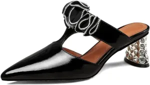 TinaCus Pointed Toe Handmade Flower Women's Slippers Patent Leather Rhinestones Chunky Heeled Mules