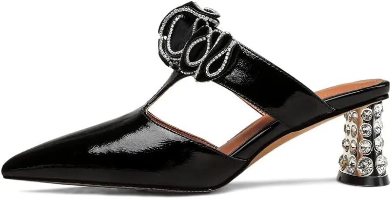 TinaCus Pointed Toe Handmade Flower Women's Slippers Patent Leather Rhinestones Chunky Heeled Mules