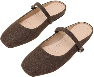 TN TANGNEST Women's Mary Jane Shoes Mules for Women Flats Retro One Line Strap Flats Cute Square Toe Backless Flat Mules