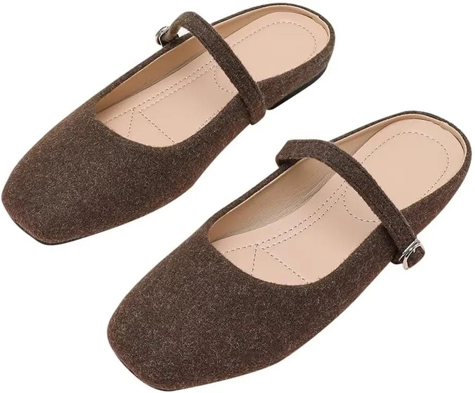 TN TANGNEST Women's Mary Jane Shoes Mules for Women Flats Retro One Line Strap Flats Cute Square Toe Backless Flat Mules