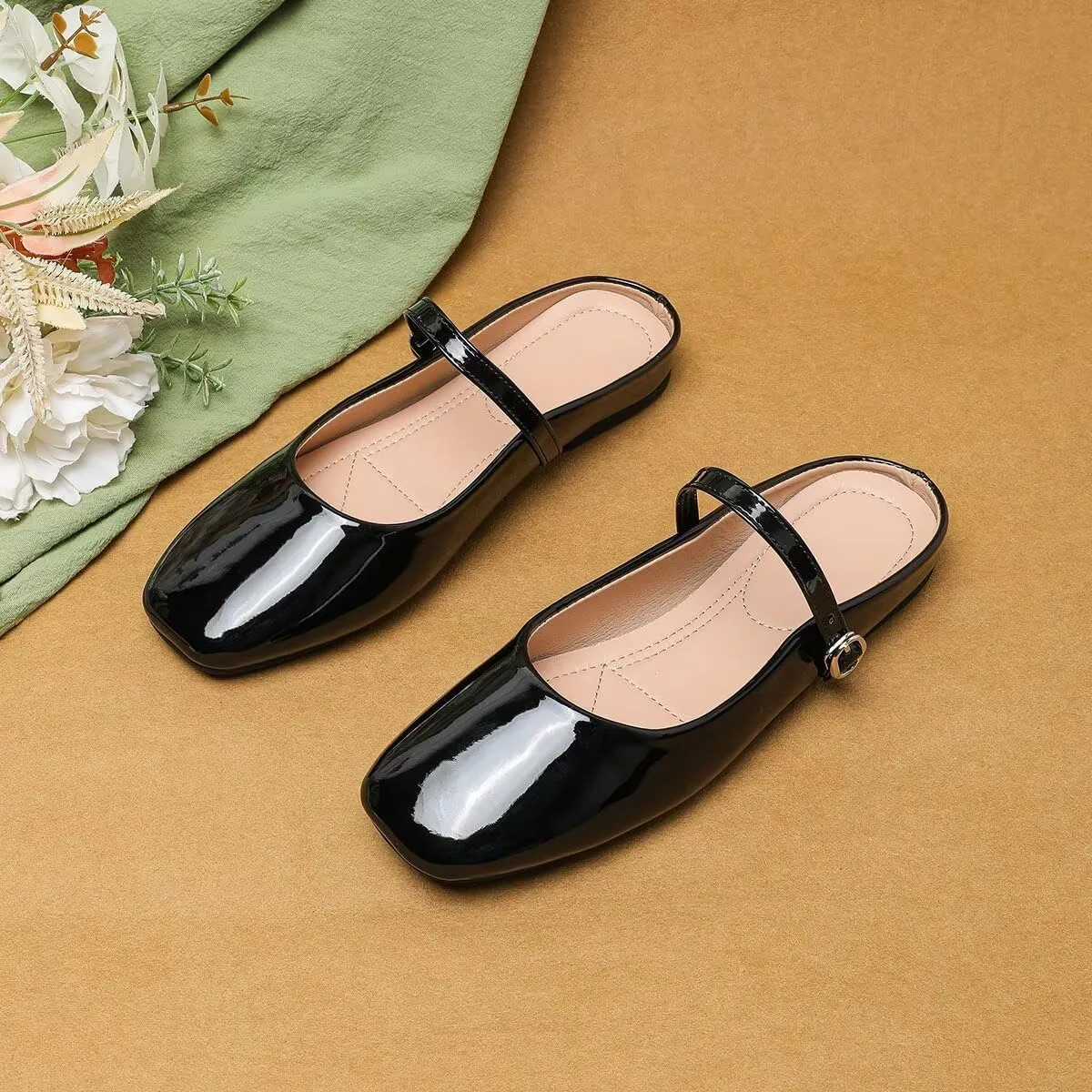 TN TANGNEST Women's Mary Jane Shoes Mules for Women Flats Retro One Line Strap Flats Cute Square Toe Backless Flat Mules