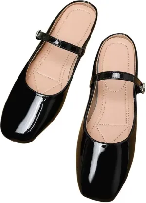 TN TANGNEST Women's Mary Jane Shoes Mules for Women Flats Retro One Line Strap Flats Cute Square Toe Backless Flat Mules