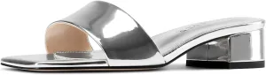 TNYNFBEB Womens Chunky Block Low Heel Open Square Toe Sandals Mules Shoes Slip-on Prom Party Dress Patent Leather 1.4 Inches Heels