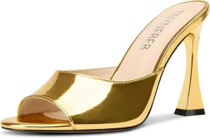 TNYNFBEB Womens Stiletto High Heel Peep Open Toe Sandals Mules Shoes Slingback Slip-on Prom Party Dress Patent Leather 3.9 Inches Heels
