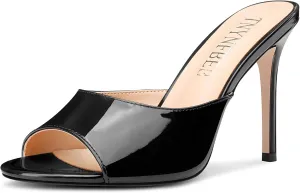 TNYNFBEB Womens Stiletto High Heel Peep Open Toe Sandals Mules Shoes Slingback Slip-on Prom Party Dress Patent Leather 3.9 Inches Heels