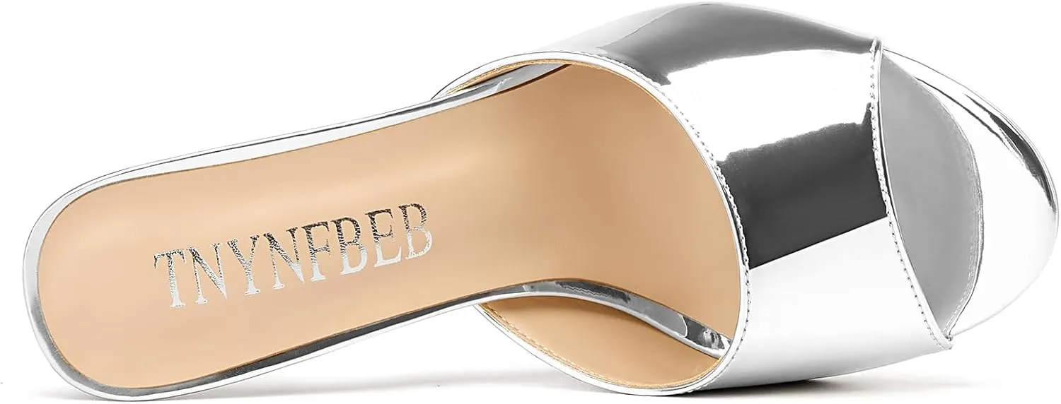 TNYNFBEB Womens Stiletto High Heel Peep Open Toe Sandals Mules Shoes Slingback Slip-on Prom Party Dress Patent Leather 3.9 Inches Heels