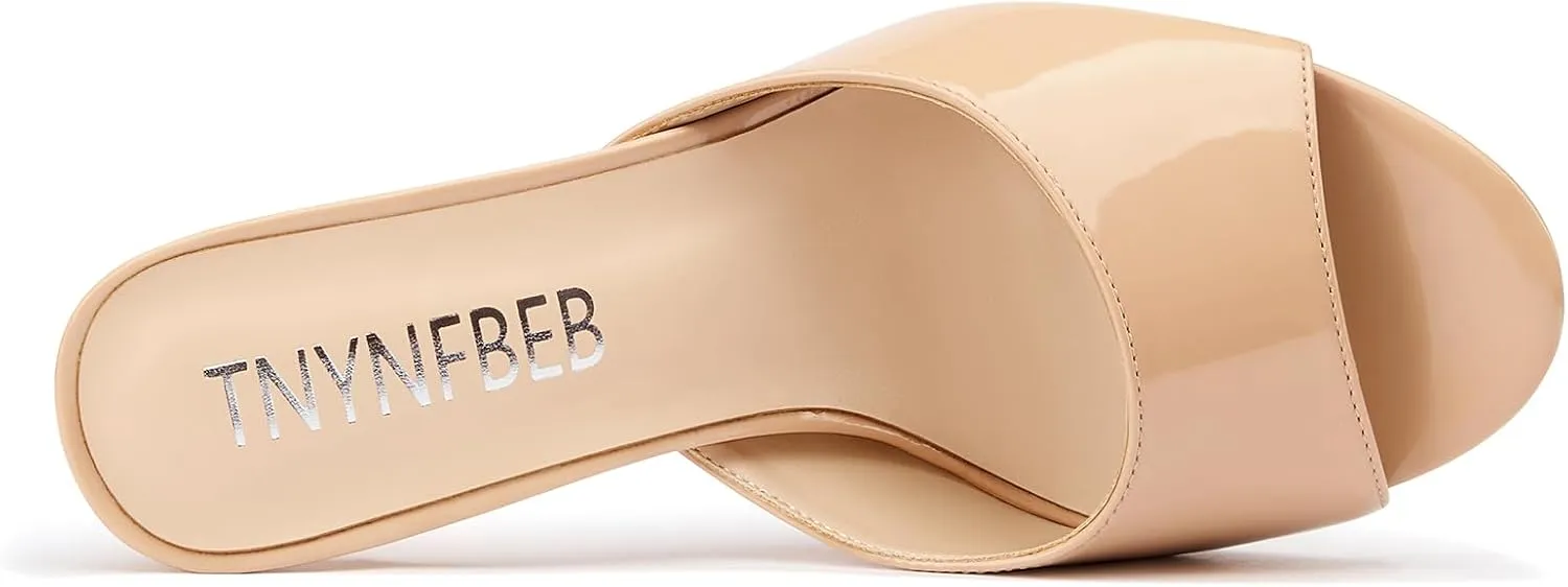 TNYNFBEB Womens Stiletto High Heel Peep Open Toe Sandals Mules Shoes Slingback Slip-on Prom Party Dress Patent Leather 3.9 Inches Heels