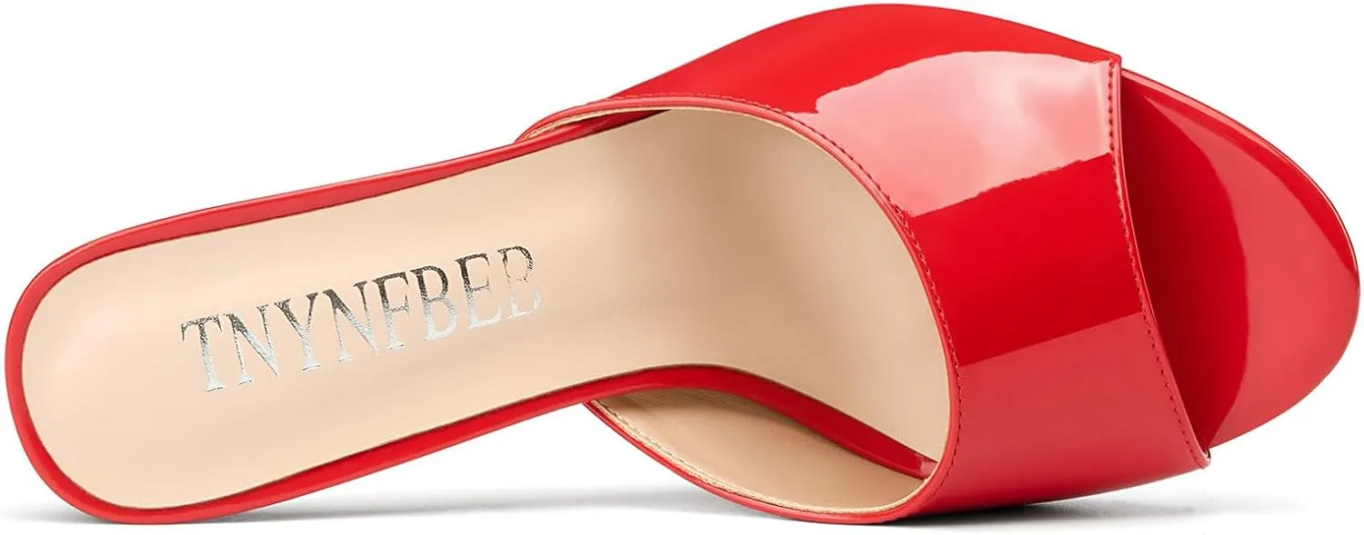 TNYNFBEB Womens Stiletto High Heel Peep Open Toe Sandals Mules Shoes Slingback Slip-on Prom Party Dress Patent Leather 3.9 Inches Heels