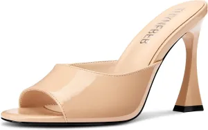 TNYNFBEB Womens Stiletto High Heel Peep Open Toe Sandals Mules Shoes Slingback Slip-on Prom Party Dress Patent Leather 3.9 Inches Heels
