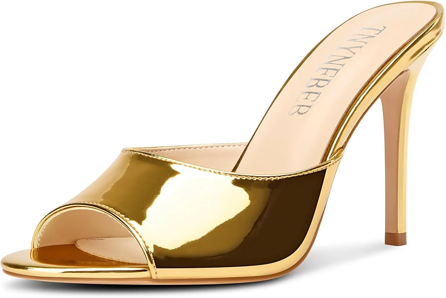 TNYNFBEB Womens Stiletto High Heel Peep Open Toe Sandals Mules Shoes Slingback Slip-on Prom Party Dress Patent Leather 3.9 Inches Heels