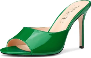 TNYNFBEB Womens Stiletto High Heel Peep Open Toe Sandals Mules Shoes Slingback Slip-on Prom Party Dress Patent Leather 3.9 Inches Heels
