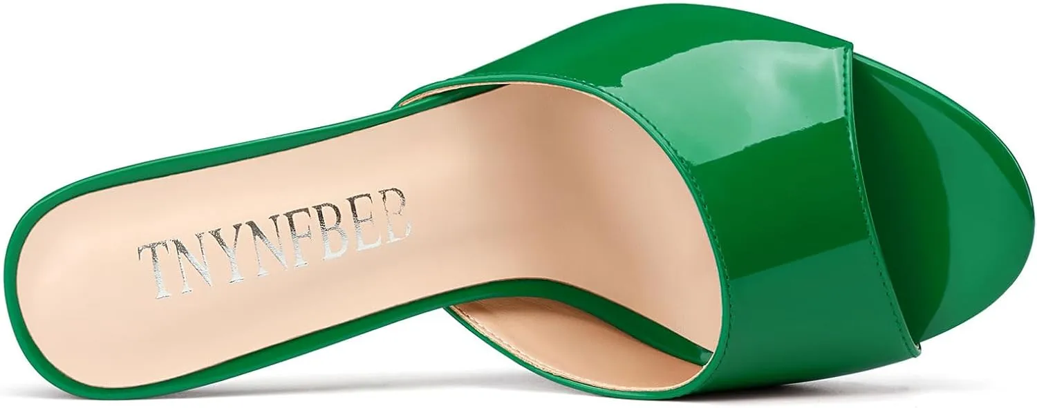 TNYNFBEB Womens Stiletto High Heel Peep Open Toe Sandals Mules Shoes Slingback Slip-on Prom Party Dress Patent Leather 3.9 Inches Heels