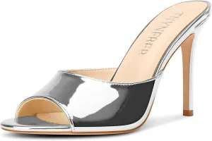 TNYNFBEB Womens Stiletto High Heel Peep Open Toe Sandals Mules Shoes Slingback Slip-on Prom Party Dress Patent Leather 3.9 Inches Heels