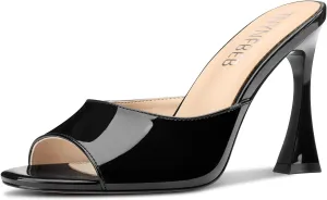 TNYNFBEB Womens Stiletto High Heel Peep Open Toe Sandals Mules Shoes Slingback Slip-on Prom Party Dress Patent Leather 3.9 Inches Heels