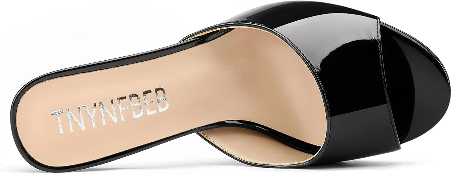TNYNFBEB Womens Stiletto High Heel Peep Open Toe Sandals Mules Shoes Slingback Slip-on Prom Party Dress Patent Leather 3.9 Inches Heels
