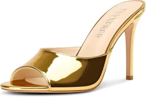 TNYNFBEB Womens Stiletto High Heel Peep Open Toe Sandals Mules Shoes Slingback Slip-on Prom Party Dress Patent Leather 3.9 Inches Heels