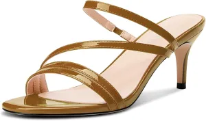 TNYNFBEB Womens Stiletto Mid Heel Open Toe Sandals Mules Shoes Slip-on Prom Wedding Dress Patent Leather Summer 2.6 Inches Heels