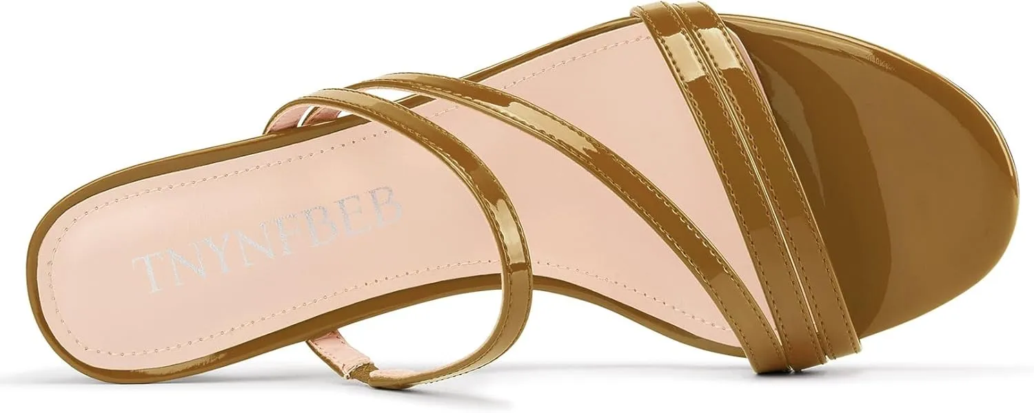 TNYNFBEB Womens Stiletto Mid Heel Open Toe Sandals Mules Shoes Slip-on Prom Wedding Dress Patent Leather Summer 2.6 Inches Heels