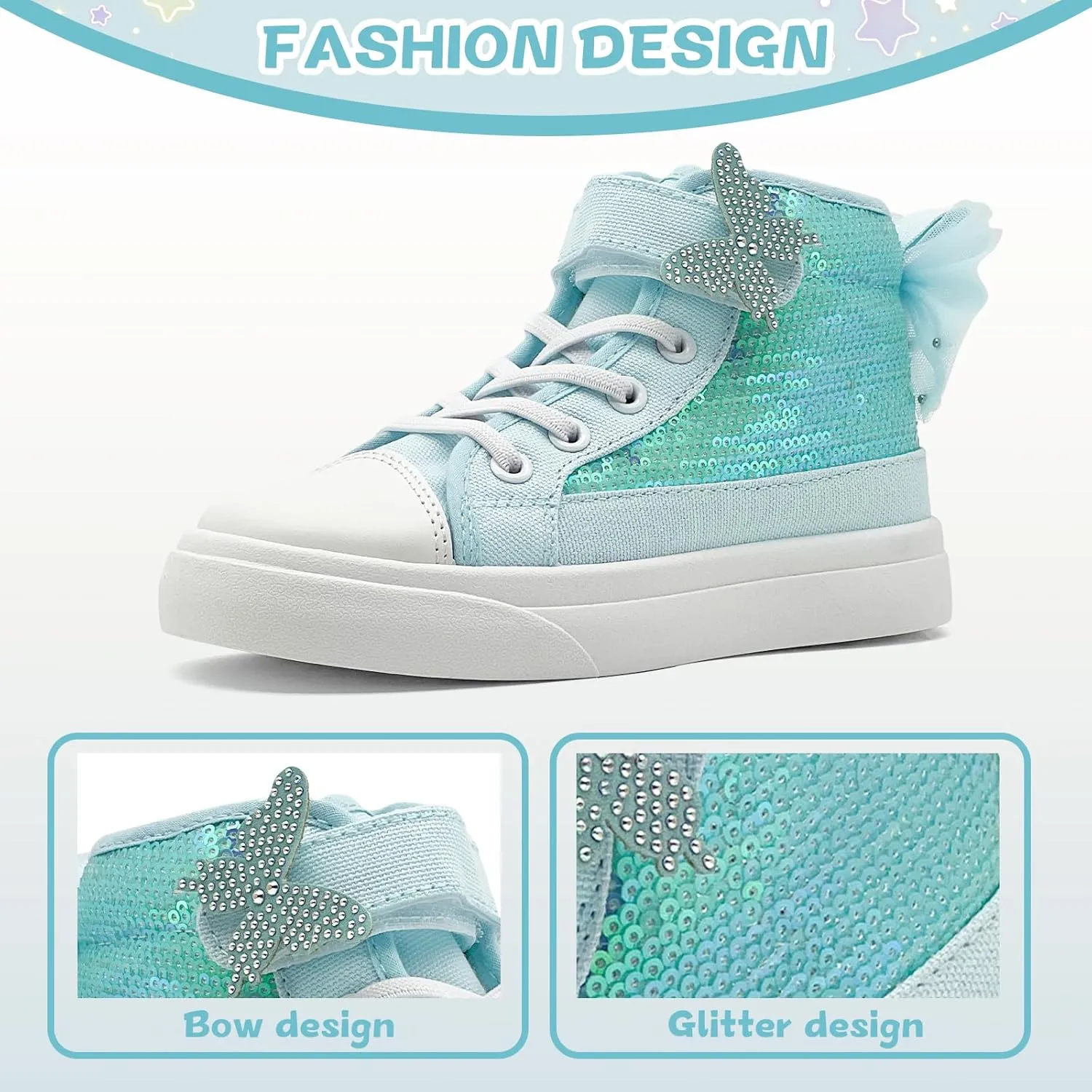Toddler Sneakers for Girls Boys Canvas High Top Kids Fashion Sparkle Sequins Bow Shoes Running Walking Casual Shoes