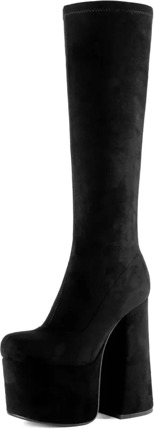 Tsrenlmln Outer waterproof platform boots, square toe thick heel with ankle straps, side zippered elastic apricot high boots